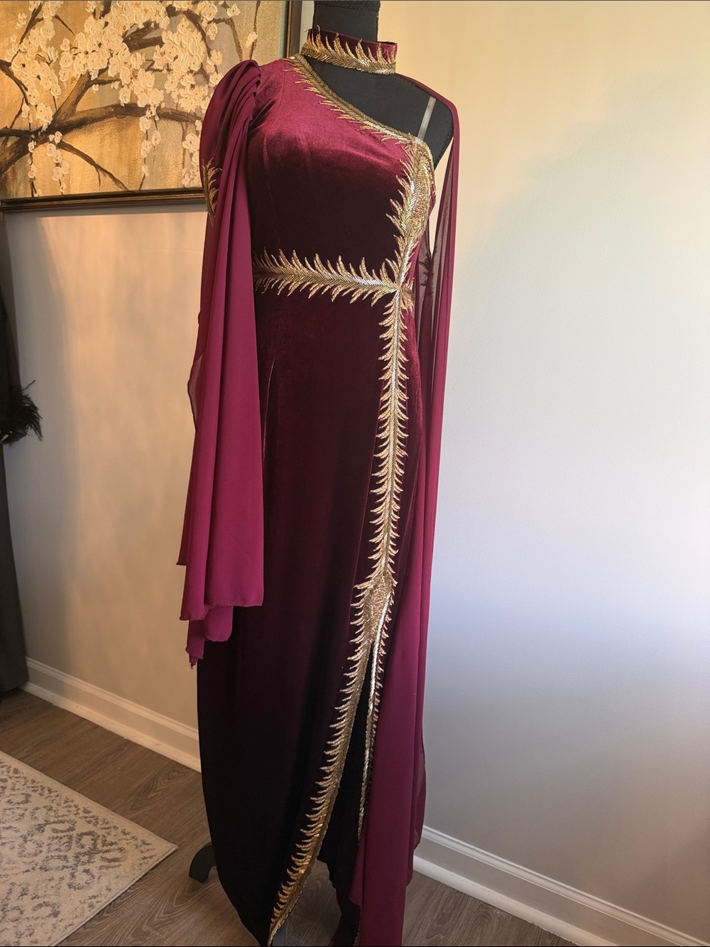 One-Shoulder Wine Red Velvet Evening Gown with Gold Trim